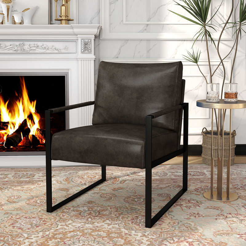 24.6" Wide Minimalist Soft Cushioned Back Upholstered Sled Base Arm Accent Chair (Set of 11), Dark Gray Faux Leather