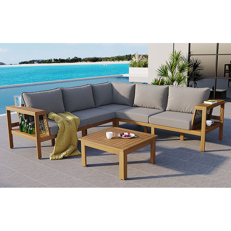 Ensemble de canapé d'extérieur en bois, ensemble de canapé de patio en L avec table basse, ensemble de conversation extérieur avec coussins