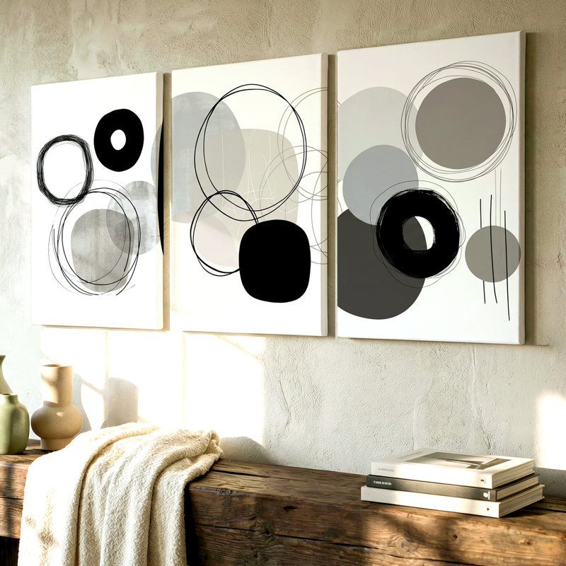 3 pièces d'art mural moderne abstrait à cercles abstraits en noir neutre, art mural trois pièces pour le salon, la chambre à coucher, le bureau et la décoration intérieure, look encadré