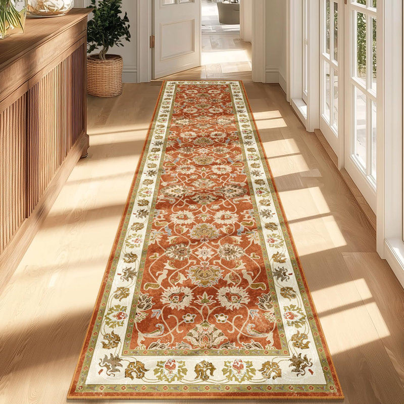 Non-Slip Vintage Floral Hallway Rug with Rubber Backing, Low Pile Non-Shedding Soft Distressed Carpet Runner for Bedroom, Kitchen, Laundry, Entrance