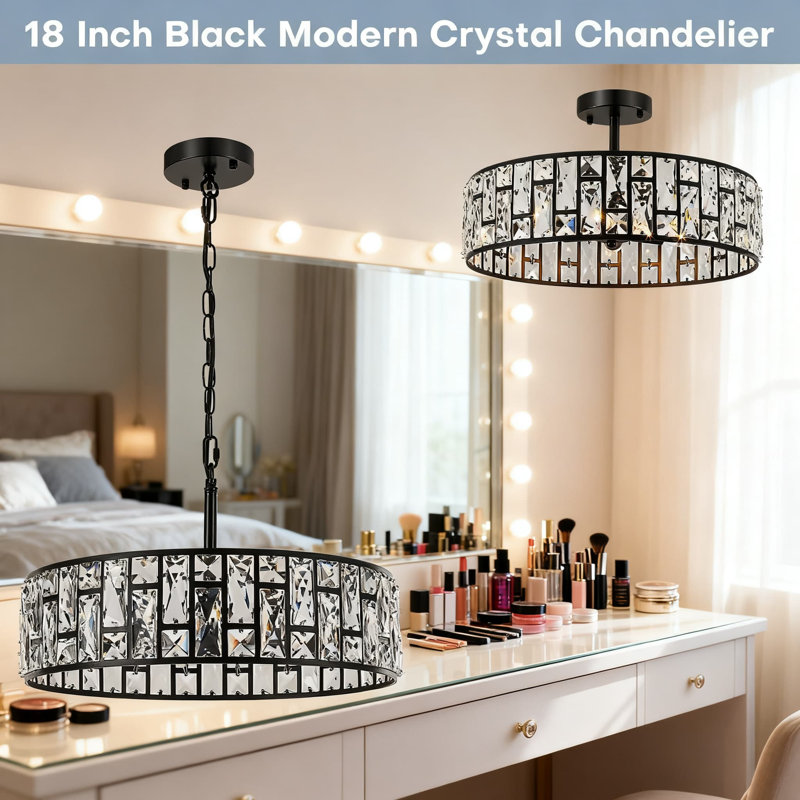 Lustre moderne en cristal noir à 5 lumières avec chaîne ajustable, plafonnier semi-encastré à intensité variable pour salle à manger, salon, cuisine et chambre à coucher