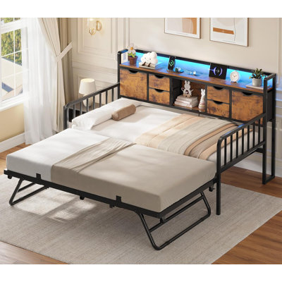 Lit de jour avec lit gigogne, lit de jour simple avec tête de rangement et station de charge, lit gigogne en métal simple à hauteur réglable, cadre de canapé-lit pour le salon