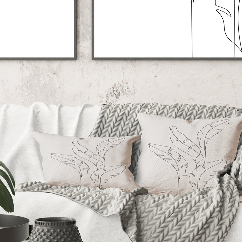 Abstrait, dessin au trait, feuilles de bananier sur fond blanc - coussin décoratif moderne, 18 po x 18 po
