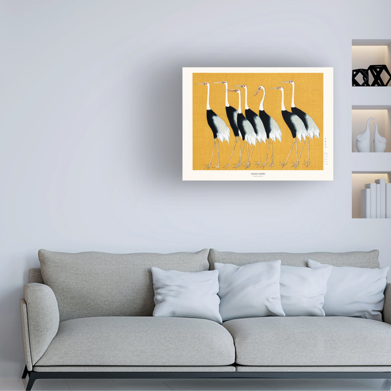 Japanese Red Crown Crane Canvas Wall Art in Yellow and Black