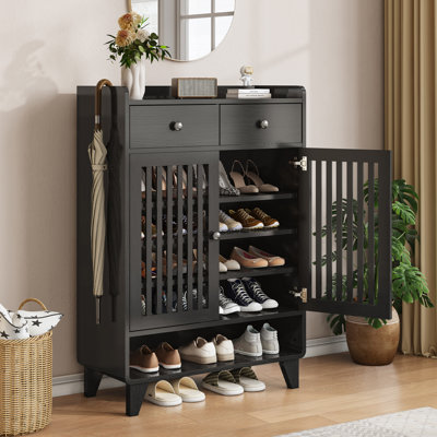 Wooden Shoe Storage Cabinet For Entryway, Freestanding Organizer With Doors, Enclosed Shoe Dresser Narrow Slim Shoes Rack With 2 Drawers For Foyer, Hallway, Front Door