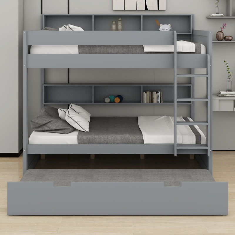 Lit superposé peu encombrant avec lit gigogne et tablettes de rangement, Double sur double, Gris