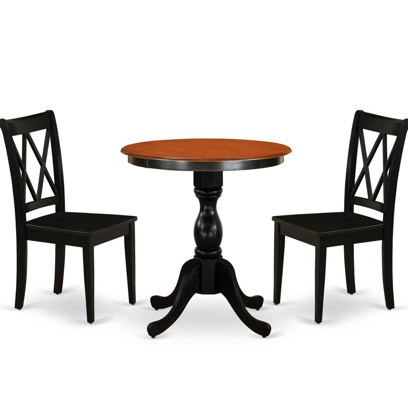 3 Piece Kitchen Table & Chairs Set Contains a Round Dining Table with Pedestal and 2 Dining Room Chairs, Black & Cherry