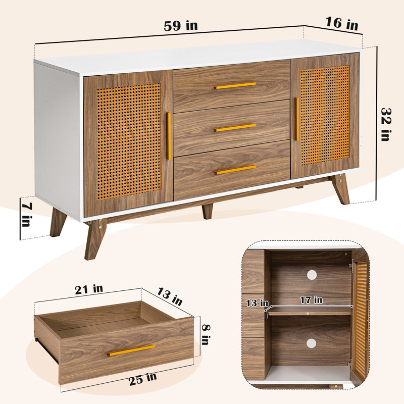 White and Brown 59" Rattan Sideboard with Wooden Legs