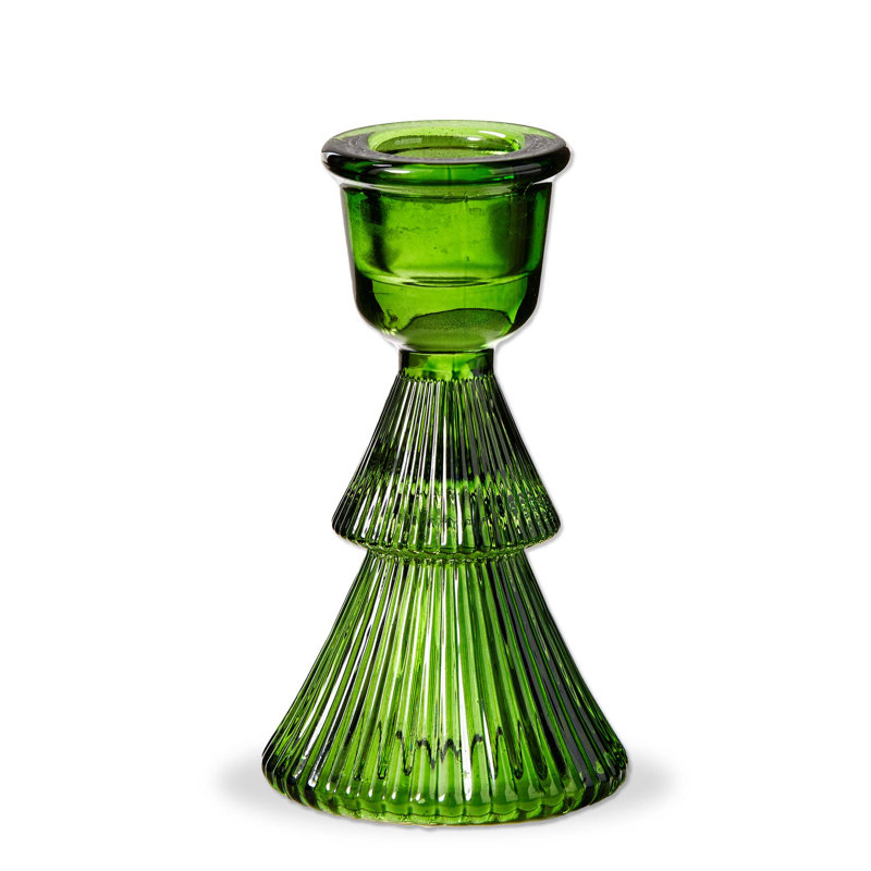  Glass Ribbed Tree Taper Candle Holder Small , 7.5" H x 3.5" W x 3.5" D, Green