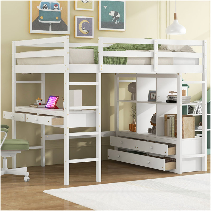 Lit mezzanine double avec bureau intégré avec deux tiroirs et tablettes et tiroirs de rangement, blanc