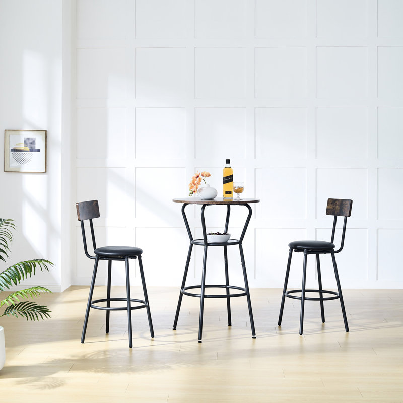 Table de bar ronde antique et tabourets rembourrés, 63 cm de profondeur x 63 cm de largeur, pour tabourets de salon, finition marron rustique, matériaux principaux : métal et bois, pour salle à manger