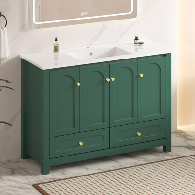 Ensemble de meuble-lavabo vert 48 po avec lavabo en résine, armoire de rangement abondante - 4 portes à fermeture douce et 2 tiroirs