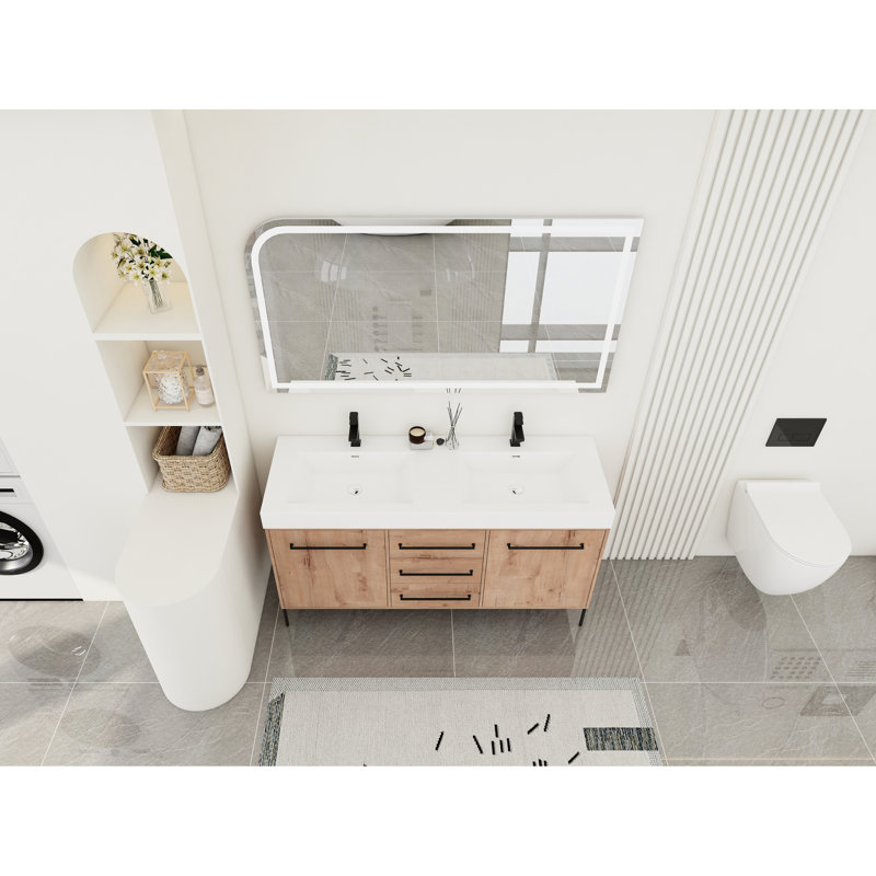 Armoire de salle de bain autoportante de 60 po avec lavabo double blanc, 2 armoires à fermeture douce et 3 tiroirs, conception ergonomique, finition grattée et à l'eau, idéale pour les portes de meuble-lavabo en résine, grand espace de rangement contemporain,