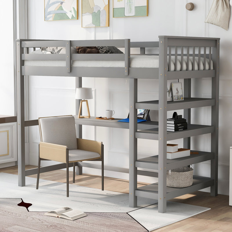 Lit mezzanine simple gris avec dessous de tablettes et bureau - Fabrication en bois massif robuste pour un rangement efficace dans la chambre à coucher