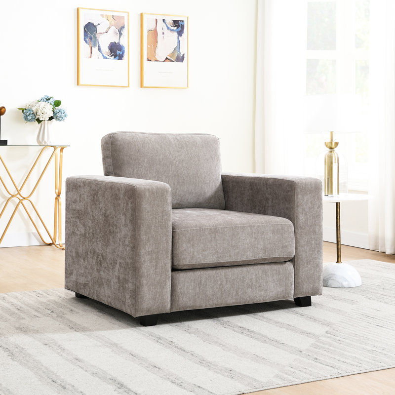 Grand fauteuil brun en chenille, housse lavable, coussin de 18 cm, style milieu du siècle, idéal pour un bureau, un dortoir ou un appartement. Pieds en tissu, style et robustesse.