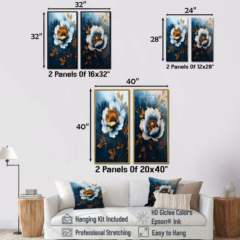 Or et sarcelle pivoine Bloom I - ensemble d'art mural pivoines 2 pièces, H 28 po x l 24 po, Toile tendue sur cadre