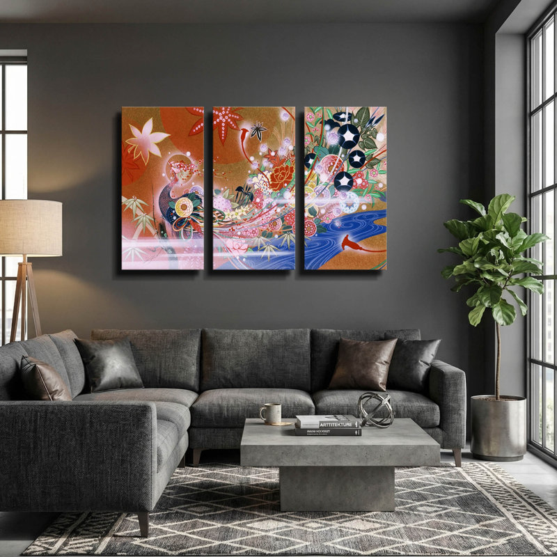« Fleurs et Paon » de Zigen Tanabe, triptyque mural, 152 x 102 cm, 60 po x 40 po