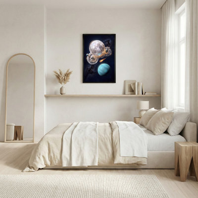 Toile brillante, lune et planète bleue dans un espace étoilé avec engrenages