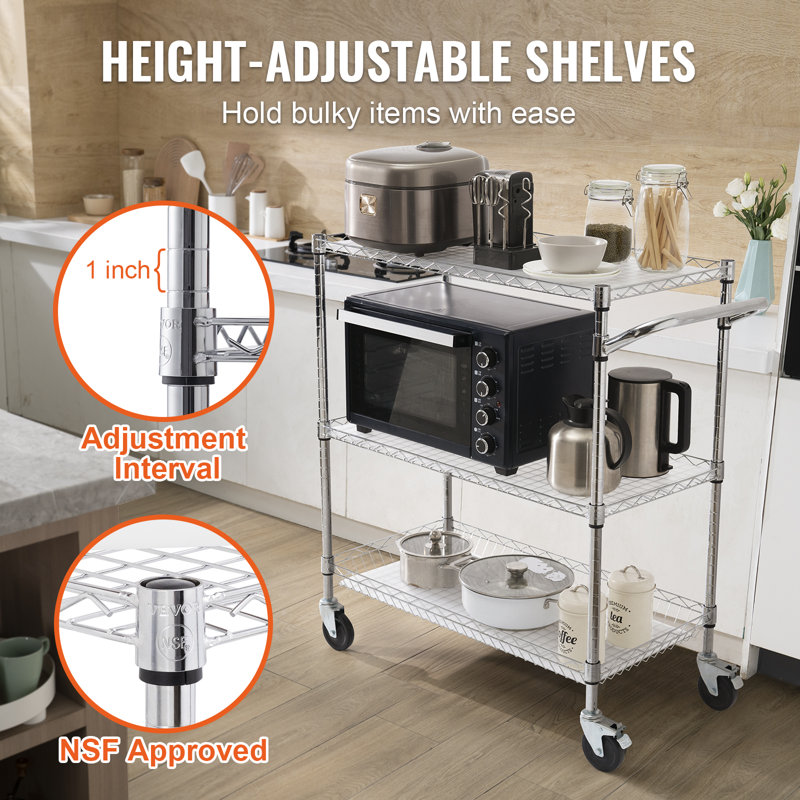 VEVOR 3-Tier Stainless Steel Utility Cart with Wheels and Hooks