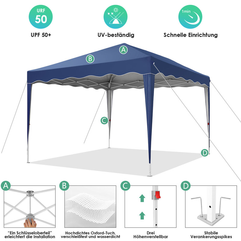 3x3m Waterproof Stable Winterproof Folding Canopy, Dark Blue