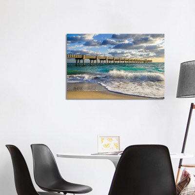 Florida Beach Pier,High Tide Waves,Miami,Florida 1 Piece Wrapped Canvas Wall Art
