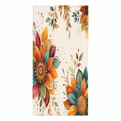 1Pcs Bohemian Floral Beach Towel, featuring vibrant watercolor mandala-style flowers and autumn leaves. Large, absorbent microfiber, perfect for, pool, travel, camping, unisex.