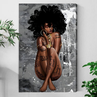 Framed Chamberlin Canvas Wall Art - Black Woman Portrait with Typography, Contemporary Illustration - 16" x 24" for Living Room and Bedroom