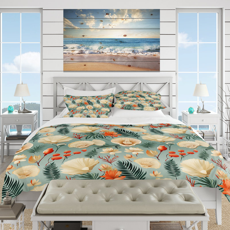 Croquis de coquillage à motif tropical I Literie, Housse de couette pour très grand lit et 2 très