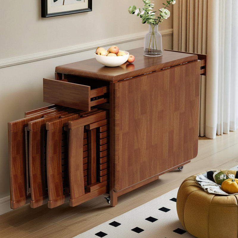 Foldable Dining Table and 4 Chairs Set, Solid Wood in Walnut with Storage Drawers and Casters, 75cm H x 130cm W x 80cm D