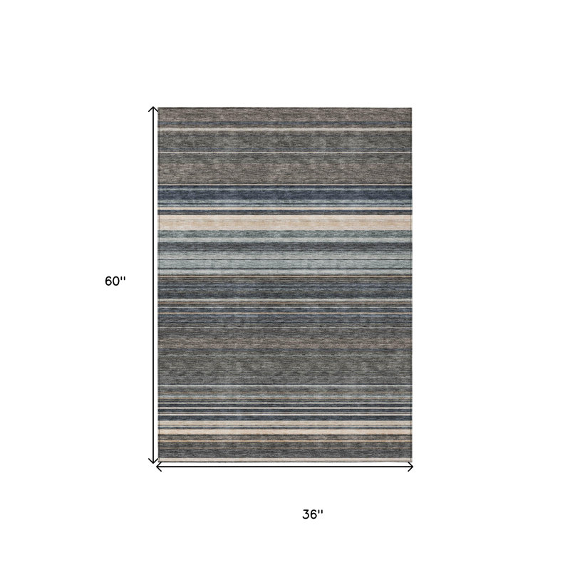 3' X 5' Taupe Beige And Pewter Striped Washable Indoor Outdoor Area Rug