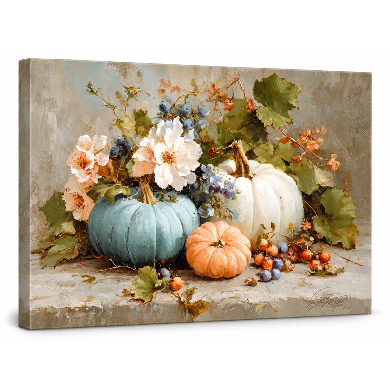 Automne citrouilles et fleurs sur toile tendue, H 24 po x l 36 po