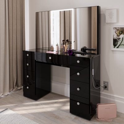 Boahaus Lily Large Makeup Vanity Desk with Wide Cabinet Mirrors, Glass Top and LED lights