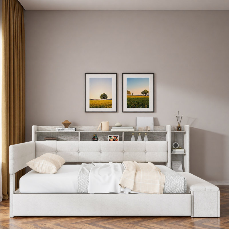 Upholstery Daybed With Storage Footstool, Shelves, Trundle, Usb Charging And Led Light, Full/Double, Beige