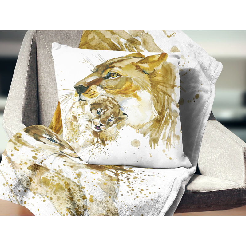 Lionne et ourson - Coussin décoratif à imprimé animal, 18 po x 18 po, Carré