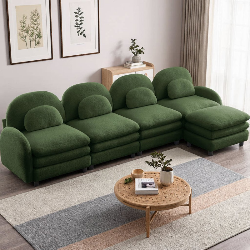 Teddy Fabric L-Shaped Cloud-like 4-Seater Modular Sectional Sofa, Curved Backrest & Armrests, Movable Ottoman, Double-Layer Cushion with Lumbar Pillows for Supportive Comfort