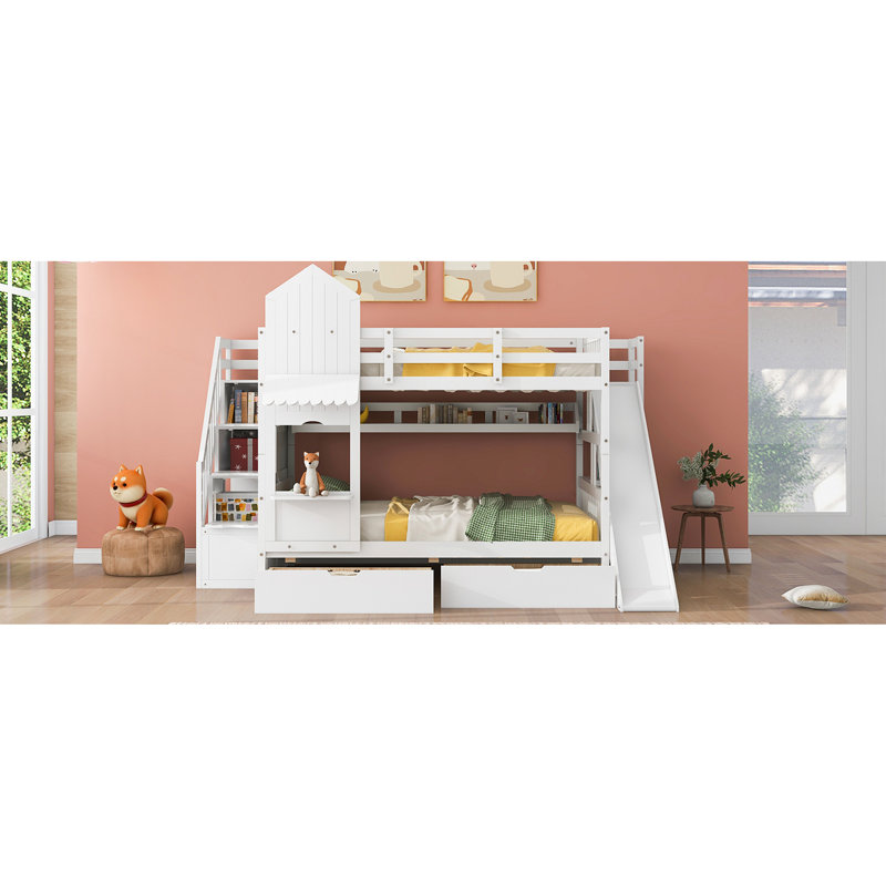 Style Bunk Bed - White, 2 Drawers, 3 Shelves And Slide, Natural Wood Texture In Comfortable, White