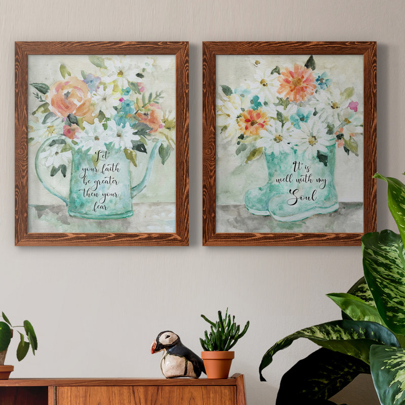 «Daisy Pitcher Bouquet», ensemble de 2 reproductions d'art, Toile avec cadre érable