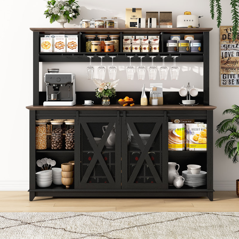 63"W Farmhouse Coffee Bar Cabinet With Wine Rack And Storage, Wine Bar Cabinet With Power Outlet & LED Light, Adjustable Shelf For Tea Liquor Wine, Kitchen Buffet Cabinet W/Sliding Barn Door & 15 Wine And Glass Racks For Kitchen Dining Room