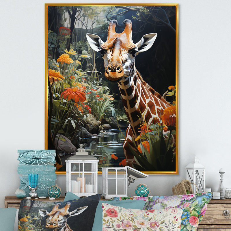 Girafe élégante girafe pastorale I - animaux, art mural salon, H 44 po x l 34 po x P 1,5 po, Cadre flottant doré