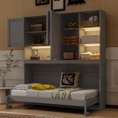 Lit escamotable mural simple avec armoire supérieure, tablettes, lit pliable peu encombrant avec lumière et USB