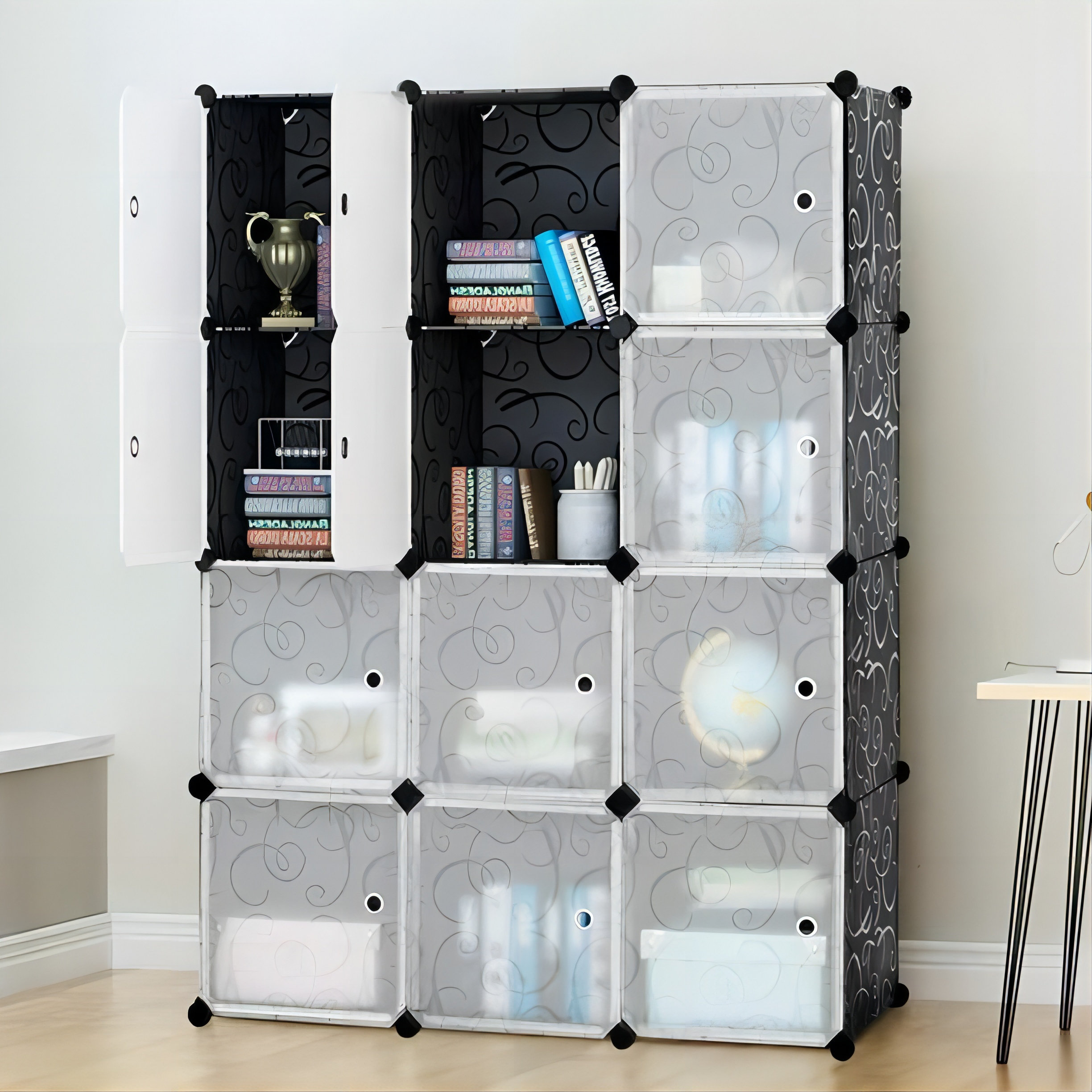20 Cube Organizer Stackable Plastic Cube Storage Shelves Design  Multifunctional Modular Closet Cabinet with Hanging Rod White Doors and  Black Panels