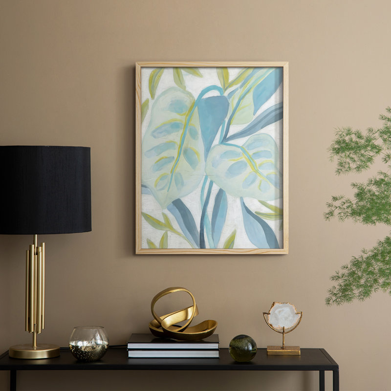 «Aqua Tropical Leaves II», reproduction encadrée - bois massif, Naturel, H 15 po x l 12 po