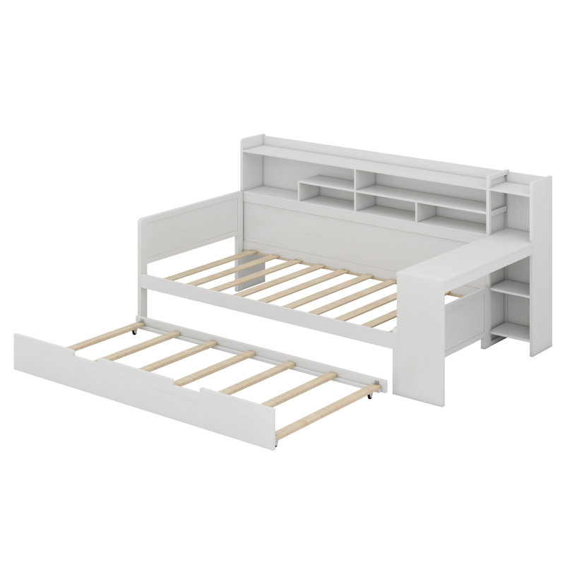 Wooden Daybed With Storage Shelves, Multi-Functional Bed With Trundle Bed And Study Desk, Antique White