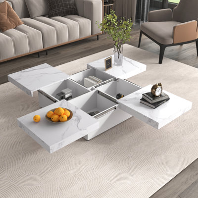Table basse carrée en placage de marbre avec plateau coulissant et rangement