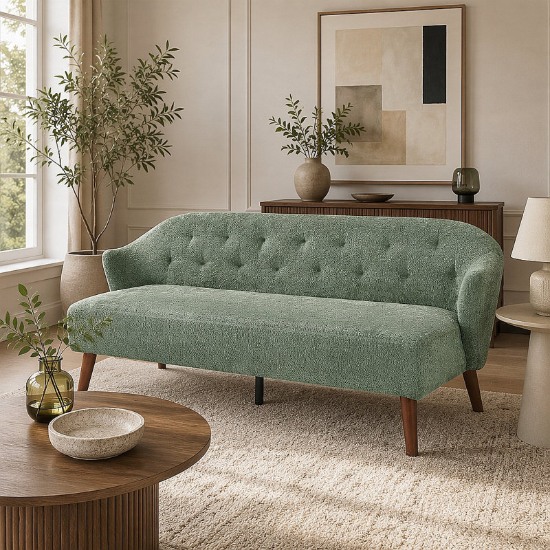 Canapé Mid-Century 3 places avec dossier capitonné et revêtement moelleux, Tissu vert