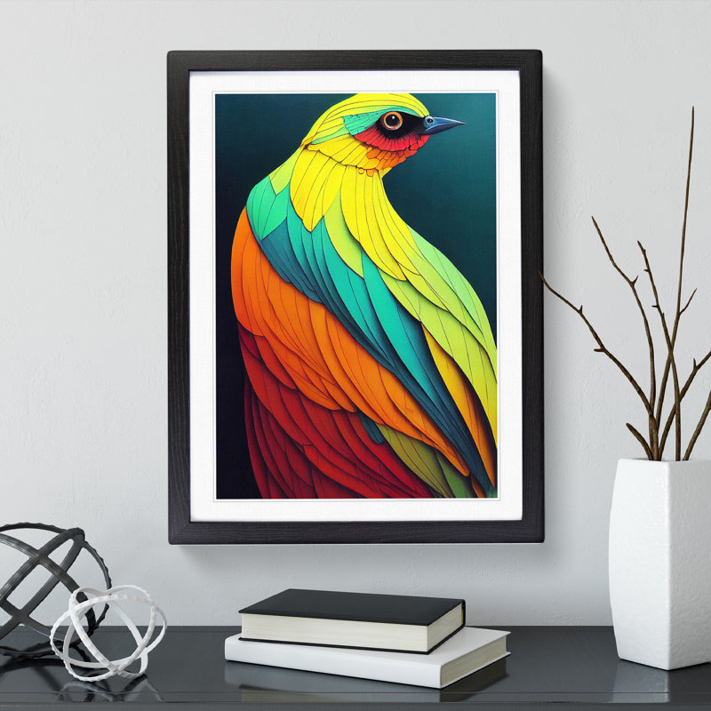 Colourful Bird No.3 Abstract - Wall Art, 48cm H x 36cm W, Black Framed, White