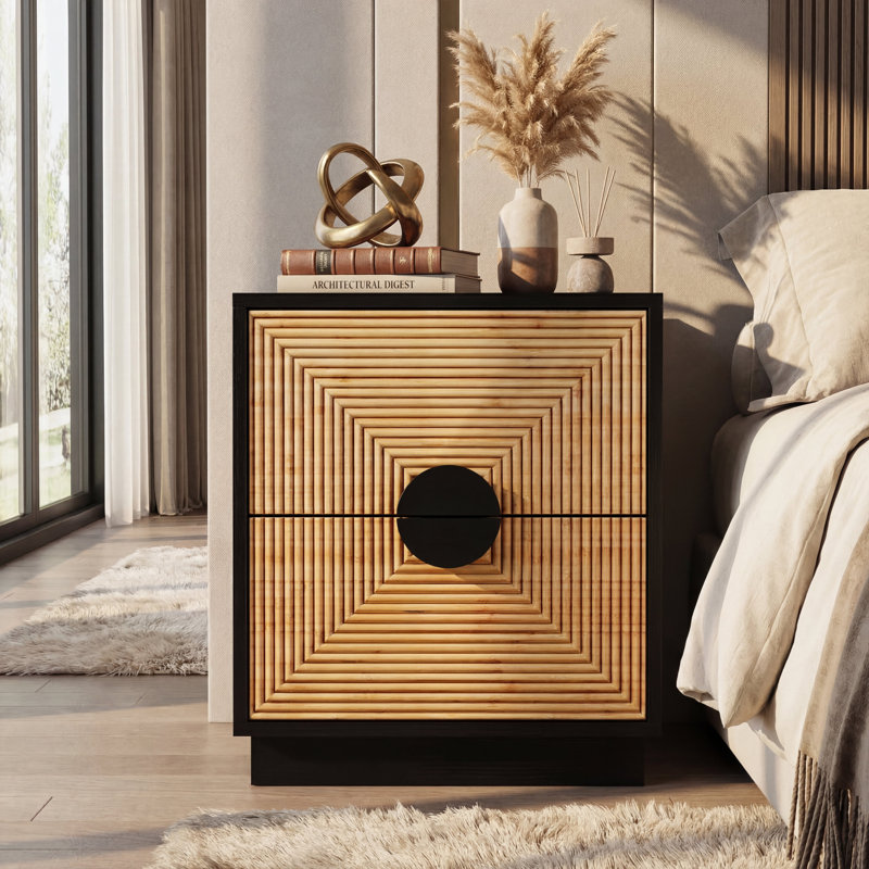 Table de chevet 2 tiroirs Modern Boho avec façade en rotin géométrique et cadre noir, Noir, Individuel