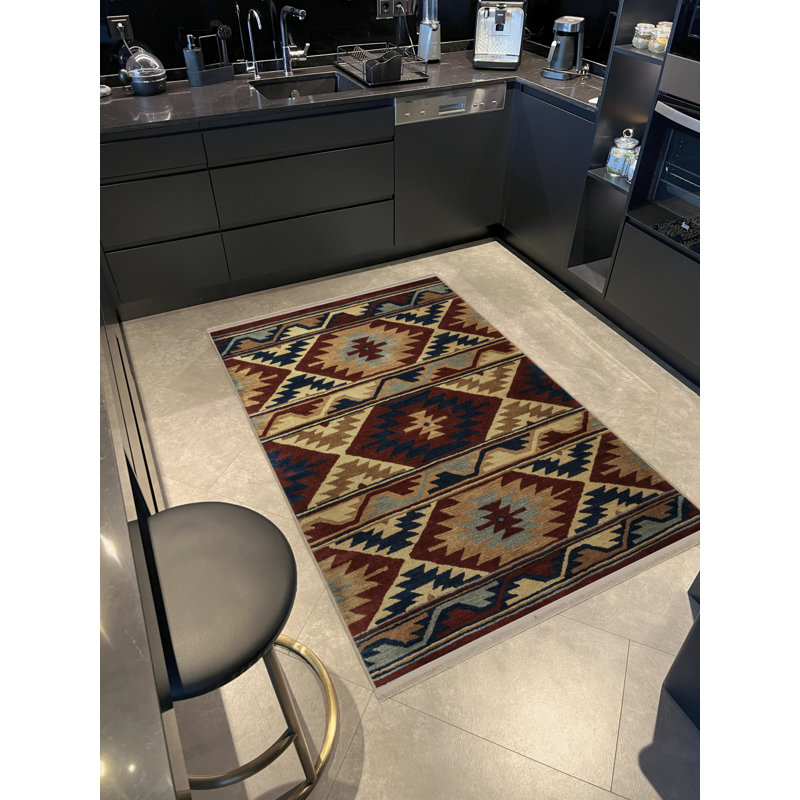 Tapis décoratif multicolore à motif géométrique à franges, Rectangle 5 pi 1 po x 7 pi 7 po