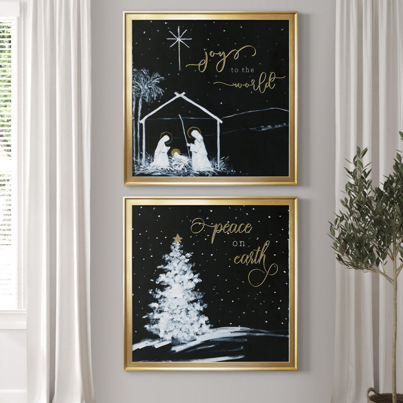 «Joy to the world», ensemble de 2 reproductions d'art encadrées, H 34,5 po x l 69 po x P 1,5 po, Toile encadrée d'or