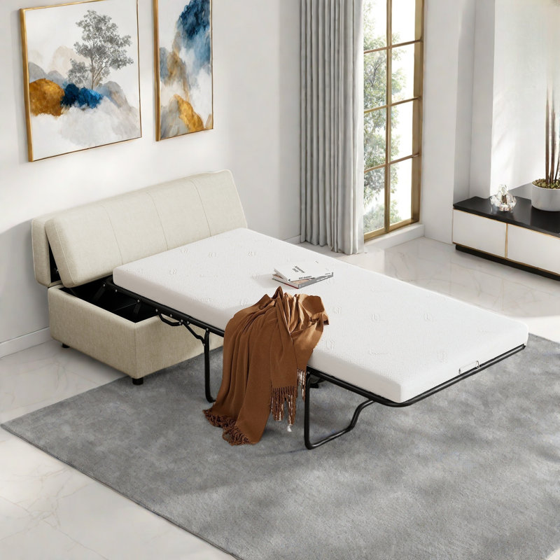 Lit escamotable pliant avec lit d'invité convertible et matelas, structure en métal massif, Blanc